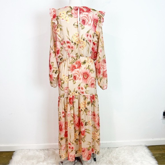 H&M PALE ORANGE PINK YELLOW FLORAL PRINT RUFFLED MAXI DRESS WOMENS SZ MEDIUM - Picture 5 of 5